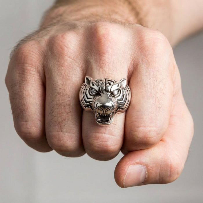 Sterling Silver Tiger Ring on Finger