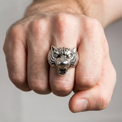 Sterling Silver Tiger Ring on Finger