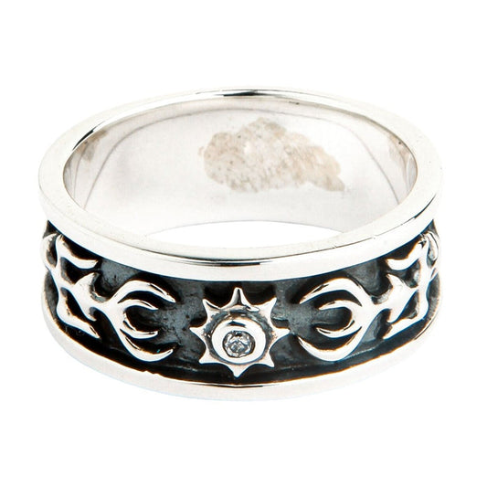 Front view of sterling silver tribal ring with clear cubic zirconia center