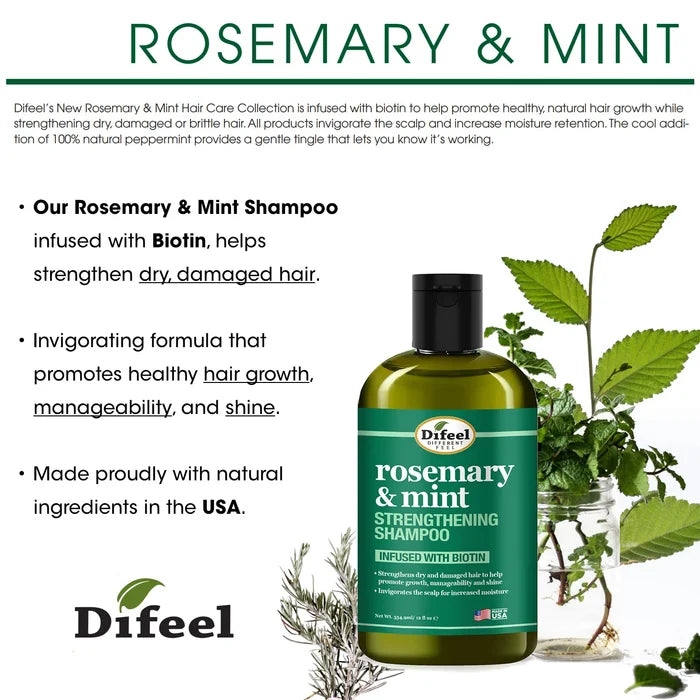 Difeel Rosemary and Mint Strengthening Shampoo with Biotin for dry damaged hair manageability shine and scalp moisture