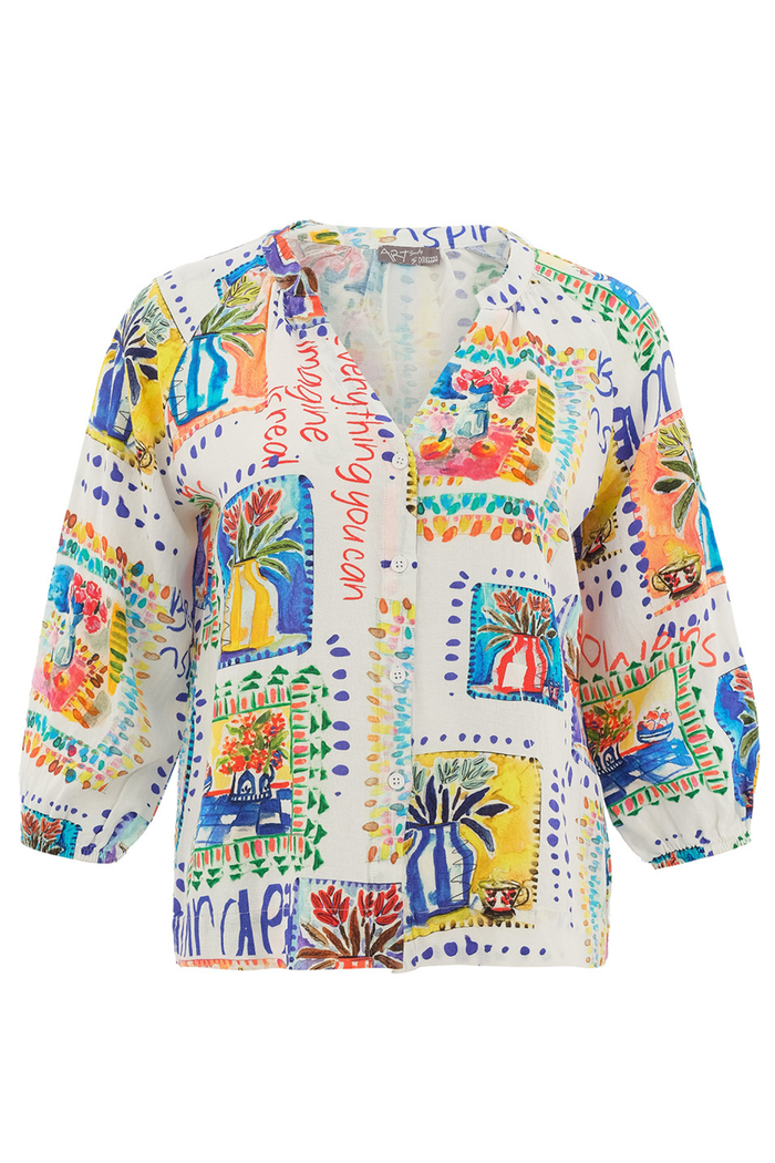 Lightweight Dolcezza blouse in a viscose-linen blend with vibrant artistic print. Flattering, breathable and perfect for summer styling. Shop at Dotique.