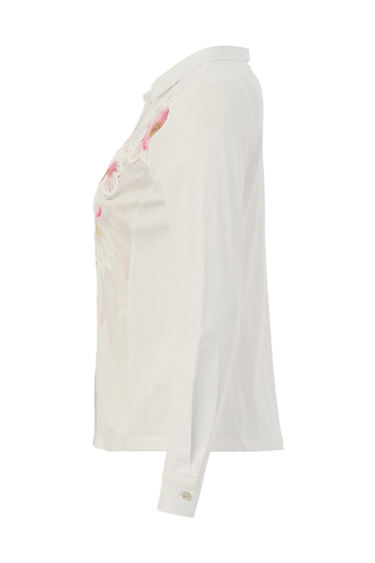 Pink floral print blouse by Dolcezza in a soft cotton-stretch fabric. Button-through with long sleeves, perfect for everyday wear. Shop online at Dotique.