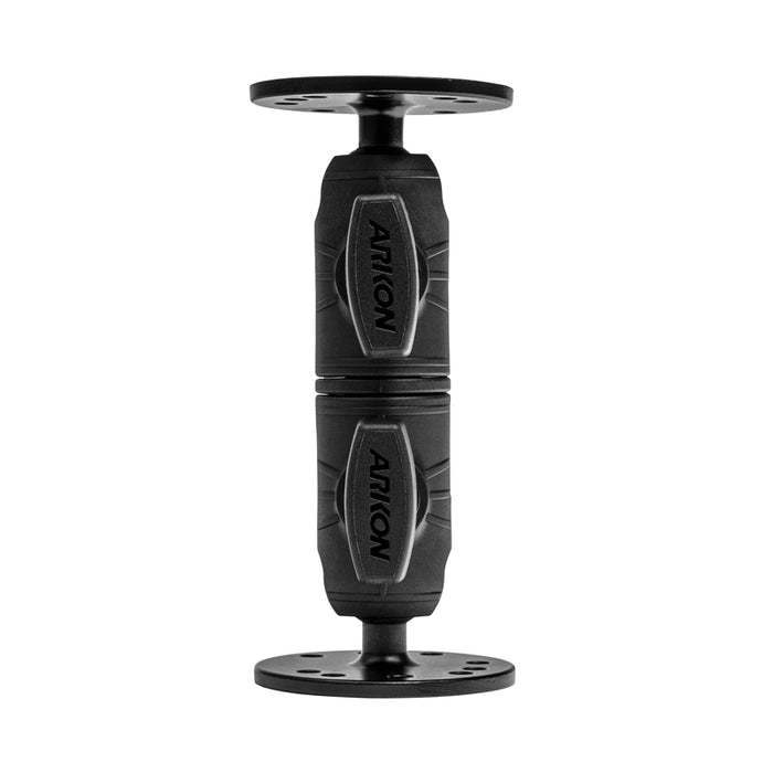 The Double Socket Swivel Arm with Circular Mount Plates is a black, cylindrical connector featuring two flat circular mount plates and ARKON branding on its center grip sections for secure device mounting.