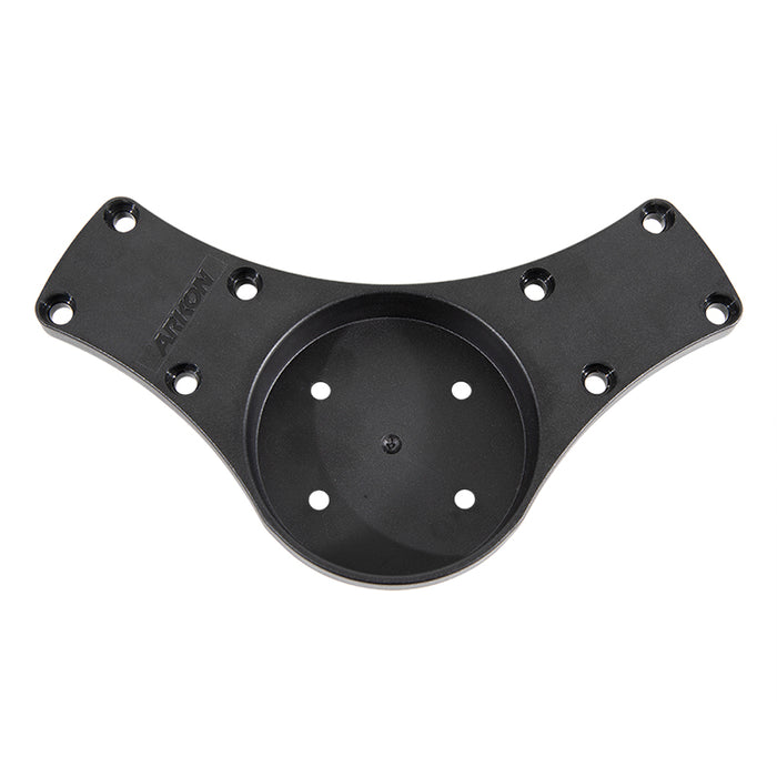 The Double Suction Splitter Bar Plate is a black, wing-shaped universal mounting plate with a central 4-hole AMPS pattern and two arms with three holes each, designed for secure attachment to surfaces or devices.