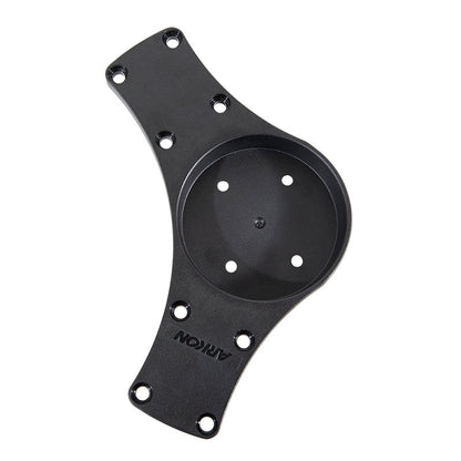 The Double Suction Splitter Bar Plate is a black metal universal mounting plate with curved edges, multiple screw holes in a 4-hole AMPS pattern, and ARILON engraved near the bottom edge—ideal for supporting round objects.