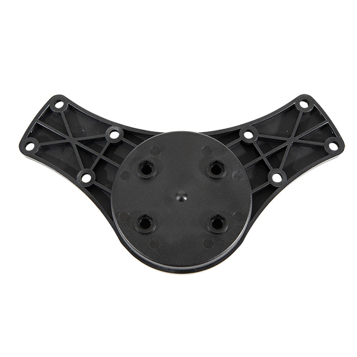 The Double Suction Splitter Bar Plate is a black plastic mounting plate with a round base, two arms each with a 4-hole AMPS pattern, multiple screw holes, and a crisscross support structure.