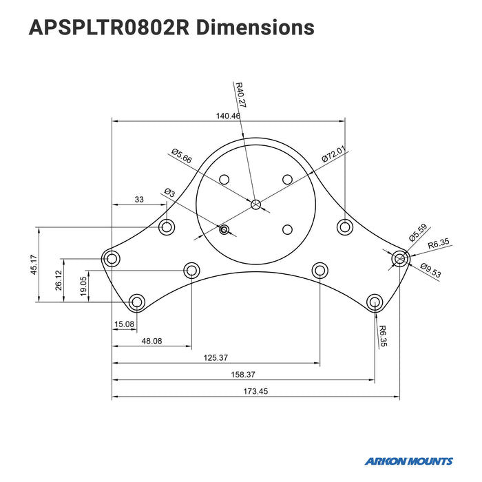 Technical drawing of the Double Suction Splitter Bar Plate with detailed dimensions, 4-hole AMPS pattern, and radii. The Arkon Mounts logo is located in the bottom right corner.