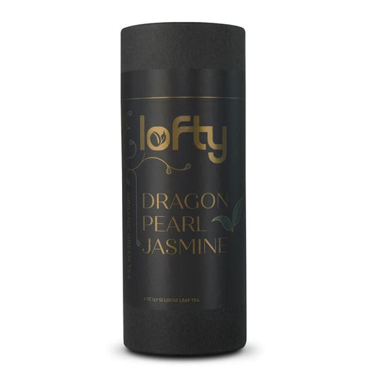 Front view of Lofty Dragon Pearl Jasmine tea canister