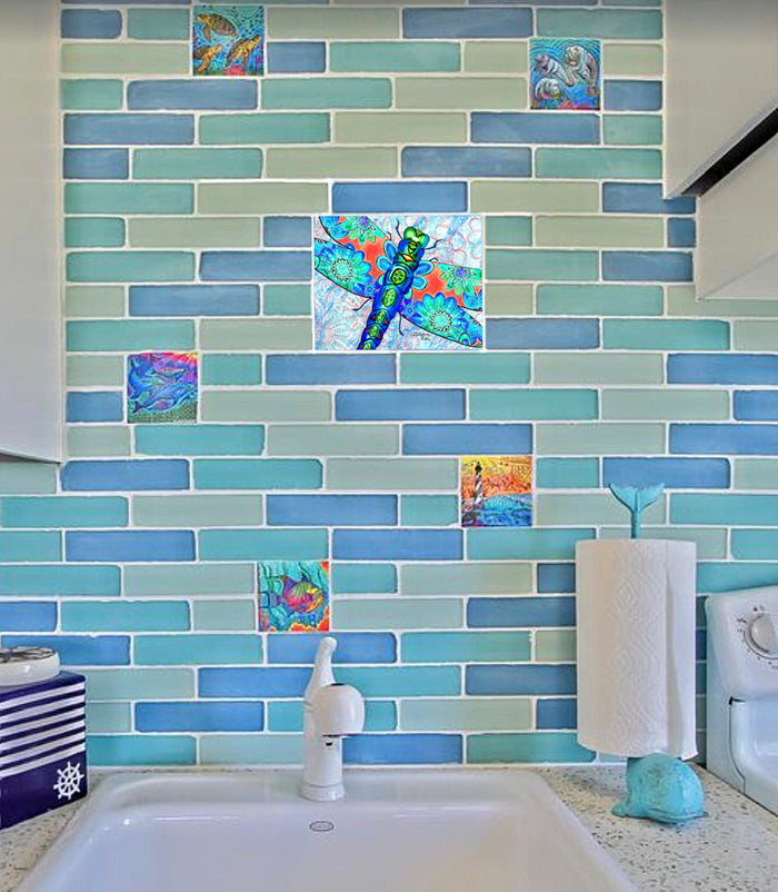 Dragonfly Flowers Ceramic Tile