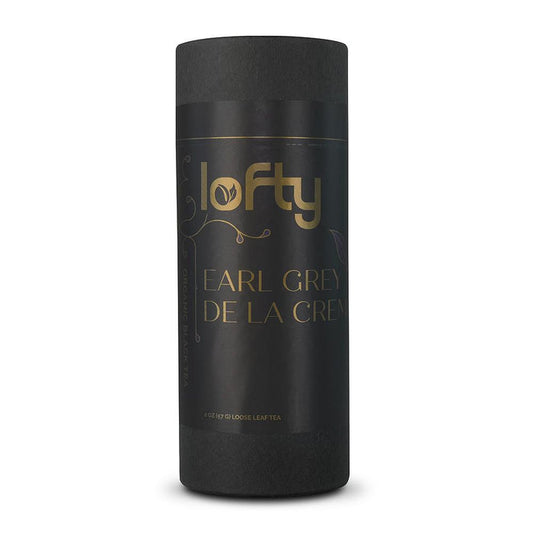 Front view of Lofty Earl Grey De La Creme black tea container
