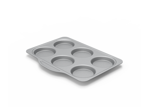 A tray-like baking pan with two rows of three wells. There is a tab-like protrusion on one long edge of the pan, with a slight indentation to grip.