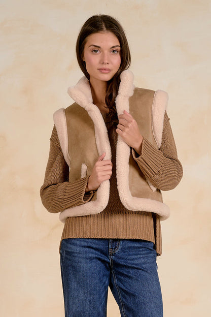 Elan JK8280 Reversible Sleeveless Vest – Mocha on model Shop Elan at Dotique