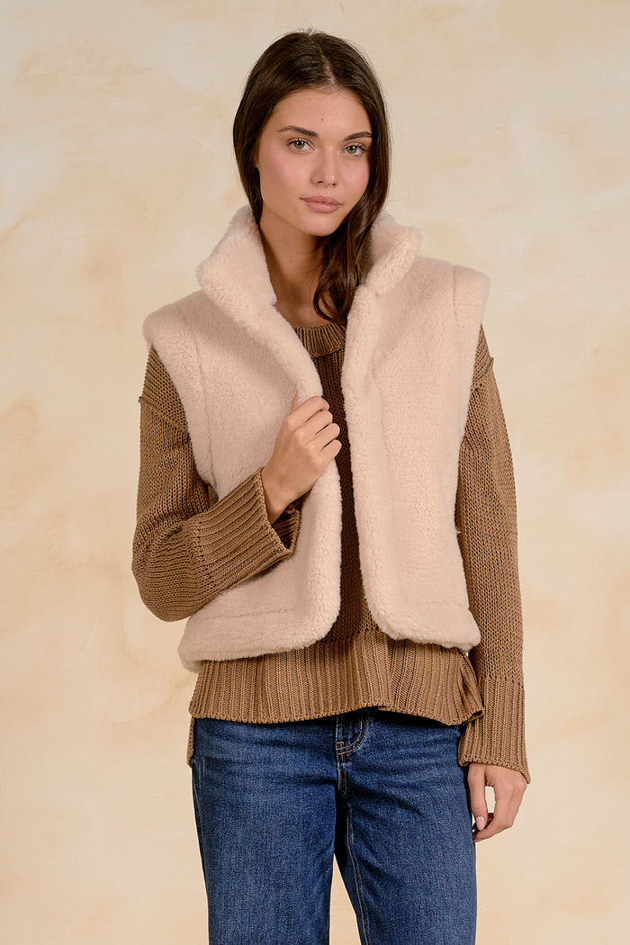 Elan JK8280 Reversible Sleeveless Vest – Mocha on model by Elan Shop Elan at Dotique