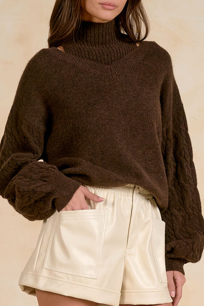 Elan SW11728 Layered Sweater – Deep Brown on model. Shop Elan at Dotique