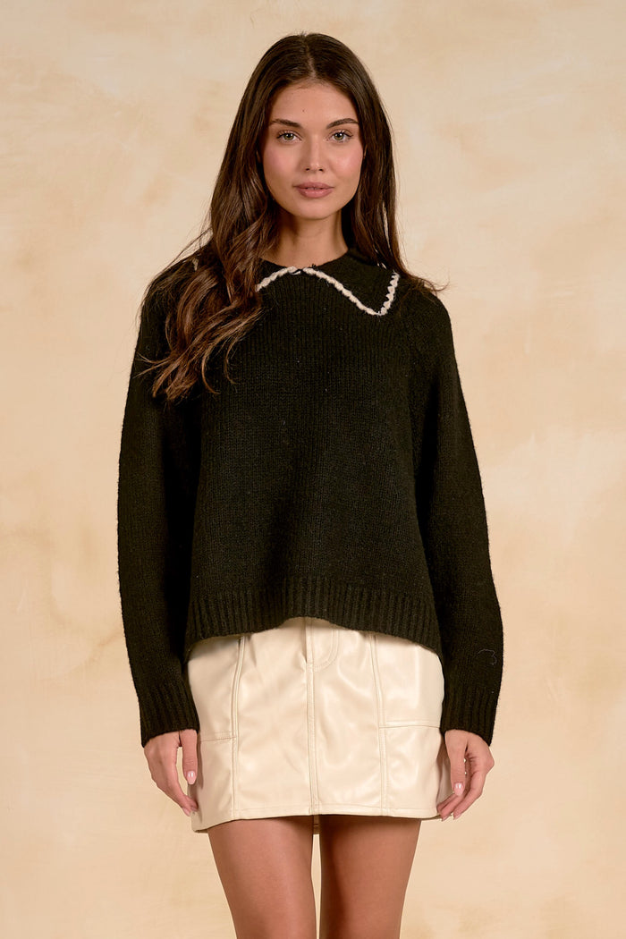 Elan SW11752 Sweater Collar Stitching Black on model Shop Elan at Dotique