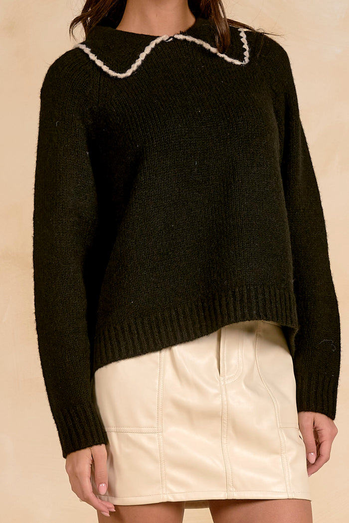 Elan SW11752 Sweater Collar Stitching Black on model Shop Elan at Dotique