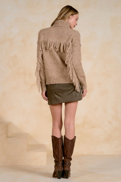 Elan SWF11734 Turtleneck Fringe Sweater Natural Melange back view on model Shop Elan at Dotique