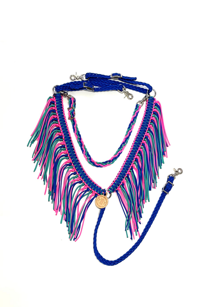 Electric blue hot pink and green turquoise fringe breast collar with a wither strap - Tiffanys Braided Tack LLC