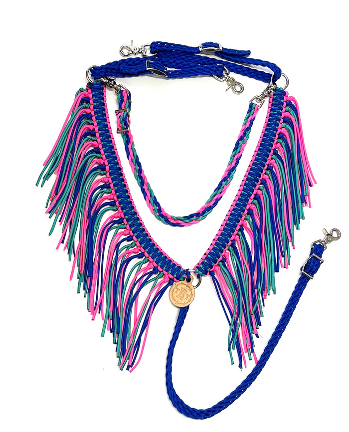 Electric blue hot pink and green turquoise fringe breast collar with a wither strap - Tiffanys Braided Tack LLC
