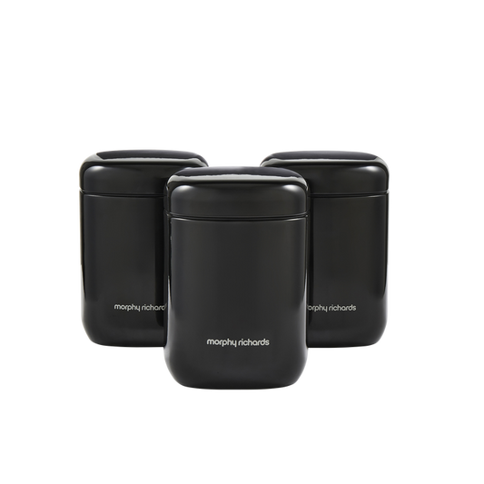 Three black Morphy Richards containers on a white background