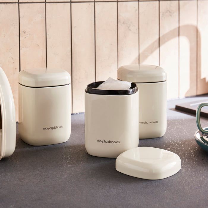 Opened canister with tea bags inside