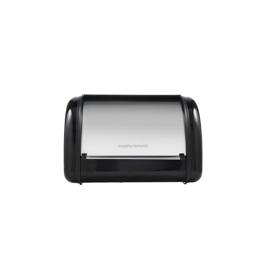 Black and silver bread bin with 'morphy richards' branding on a white background