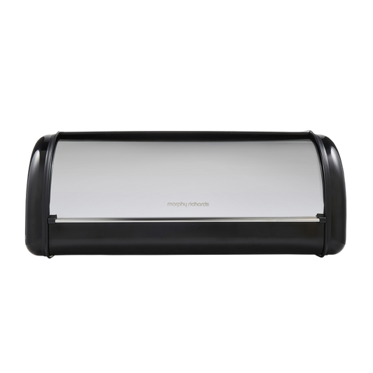 Black bread bin with transparent lid on a white background