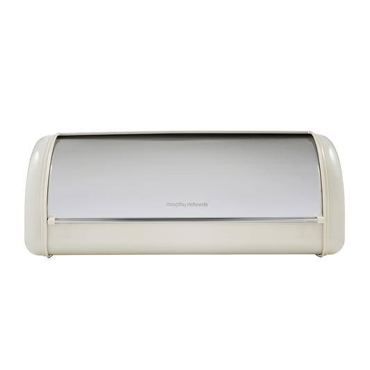 White bread box with a metallic lid on a white background