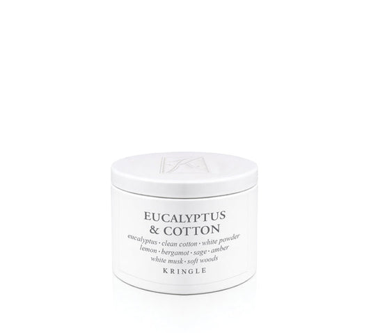 Kringle Candle tin labeled 'Eucalyptus & Cotton' on a white background