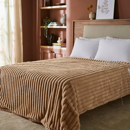 EverCosy Small Luxury Striped Fleece Electric Heated Throw - Mocha