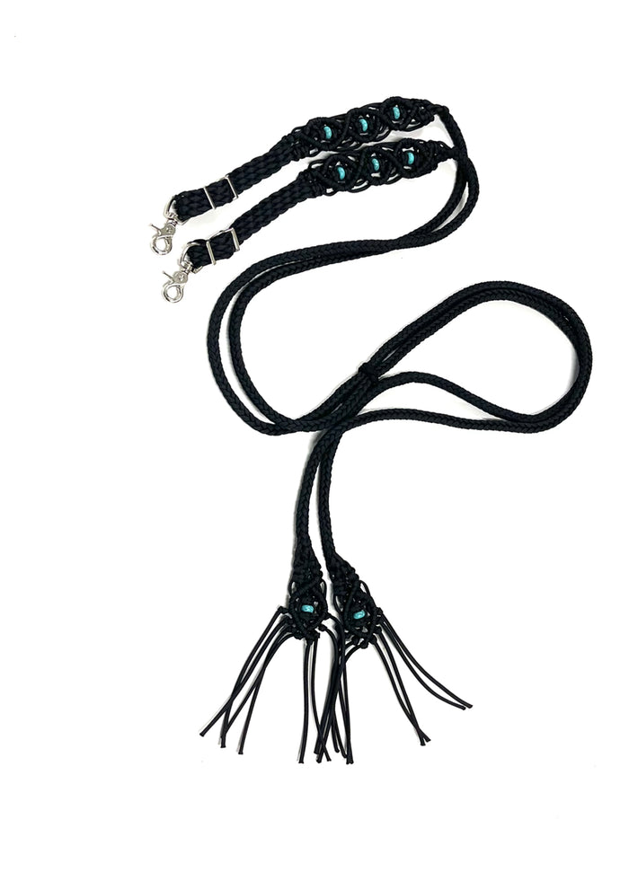Fancy braided split reins in black with turquoise howlite gemstones...beautiful yet practical - Tiffanys Braided Tack LLC