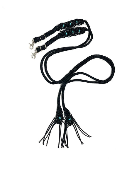 Fancy braided split reins in black with turquoise howlite gemstones...beautiful yet practical - Tiffanys Braided Tack LLC