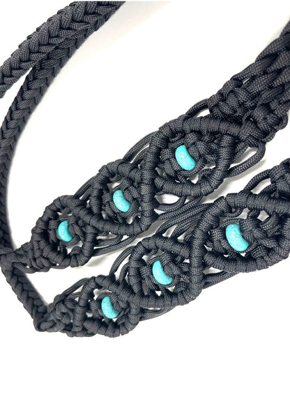 Fancy braided split reins in black with turquoise howlite gemstones...beautiful yet practical - Tiffanys Braided Tack LLC
