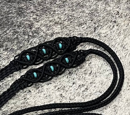 Fancy braided split reins in black with turquoise howlite gemstones...beautiful yet practical - Tiffanys Braided Tack LLC