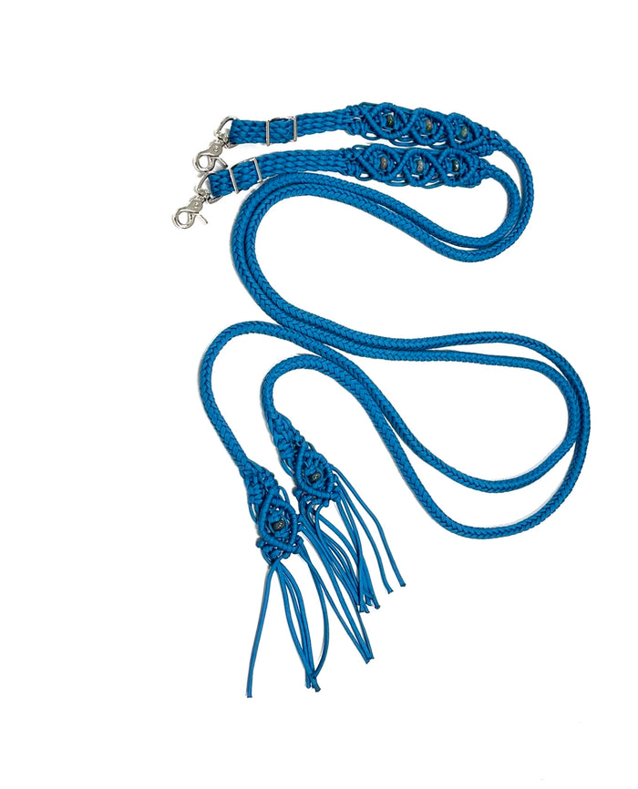 Fancy braided split reins in Carribean blue with agate  gemstones...beautiful yet practical - Tiffanys Braided Tack LLC