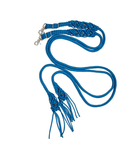 Fancy braided split reins in Carribean blue with agate  gemstones...beautiful yet practical - Tiffanys Braided Tack LLC
