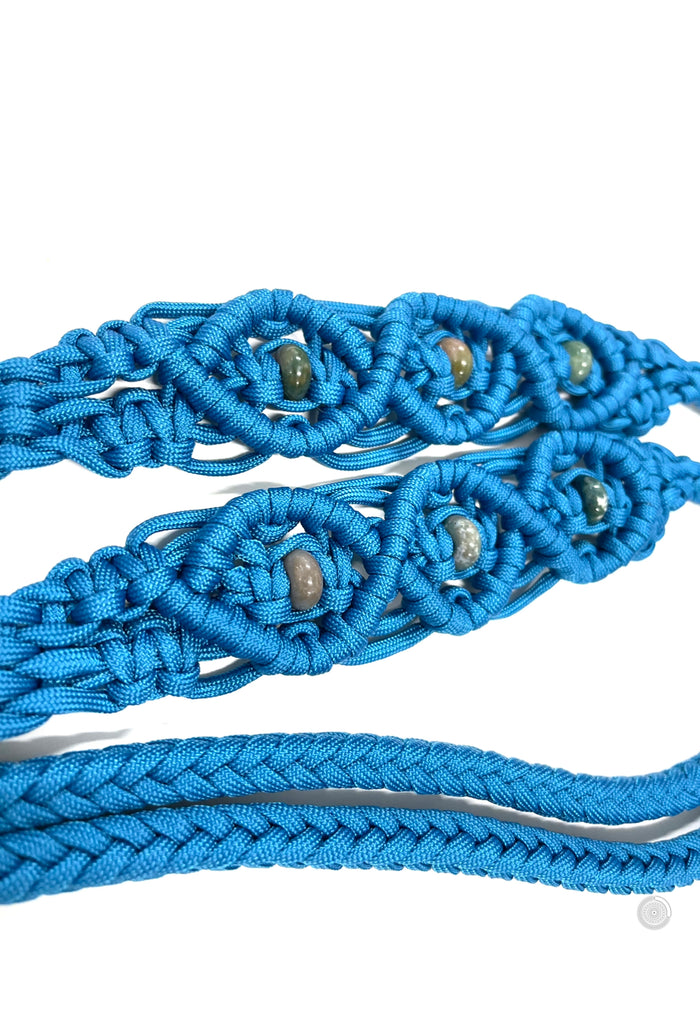 Fancy braided split reins in Carribean blue with agate  gemstones...beautiful yet practical - Tiffanys Braided Tack LLC