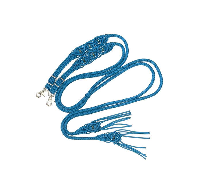 Fancy braided split reins in Carribean blue with agate  gemstones...beautiful yet practical - Tiffanys Braided Tack LLC