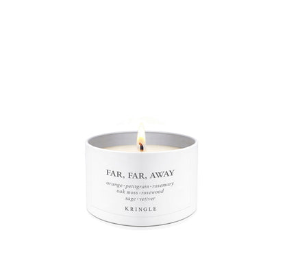 Far, Far Away Fragrance in a White Mini Candle Tin single-wick lit by Kringle Candle