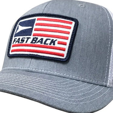 Fast Back Men's American Flag Logo Patch Trucker Cap in Grey/White