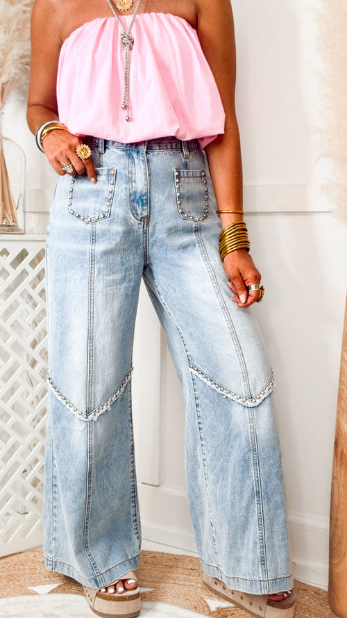 -FINAL SALE-The Presley Stud Wide Leg Pants- Denim