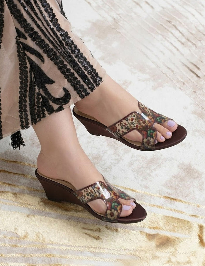 Floral Print Clear Strap Wedge Sandals