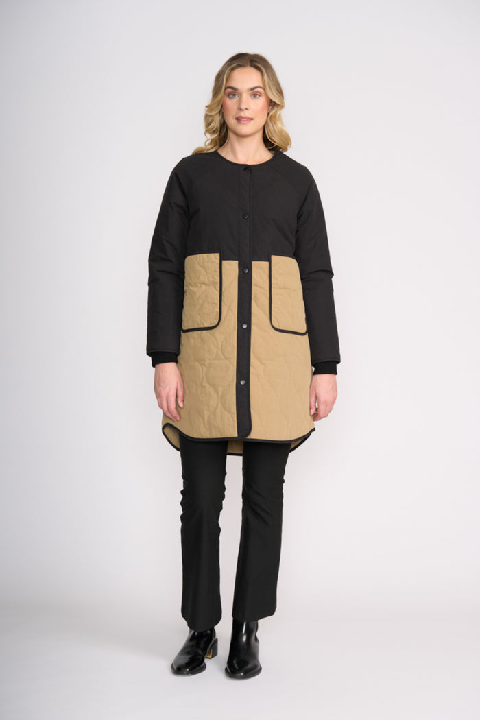 Foil FO8388 Hidden Talent Reversible Coat Black & Tan worn by model Shop Foil at Dotique