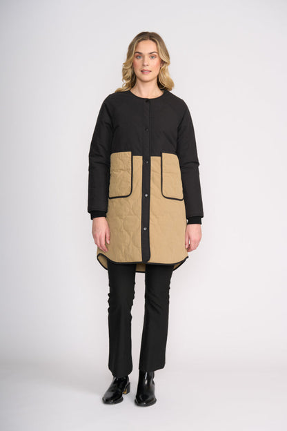 Foil FO8388 Hidden Talent Reversible Coat Black & Tan worn by model Shop Foil at Dotique