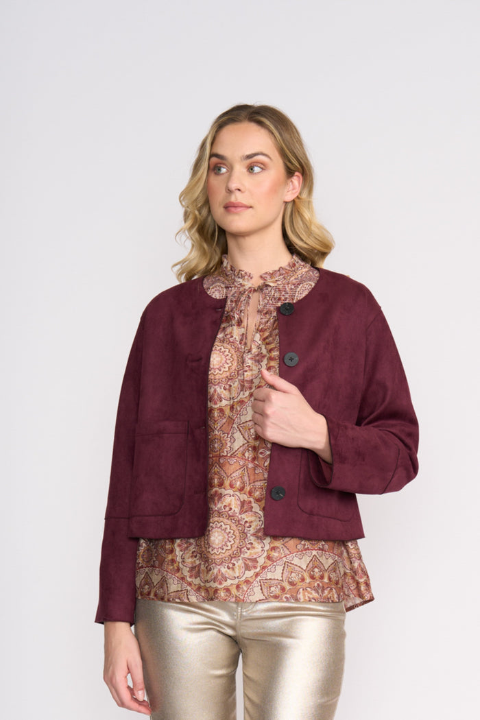 Model wearing Foil FO8392 Looking Suede Jacket Black Cherry. Shop Foil at Dotique