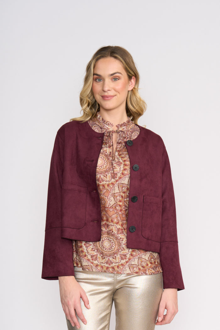 Model wearing Foil FO8392 Looking Suede Jacket Black Cherry. Shop Foil at Dotique