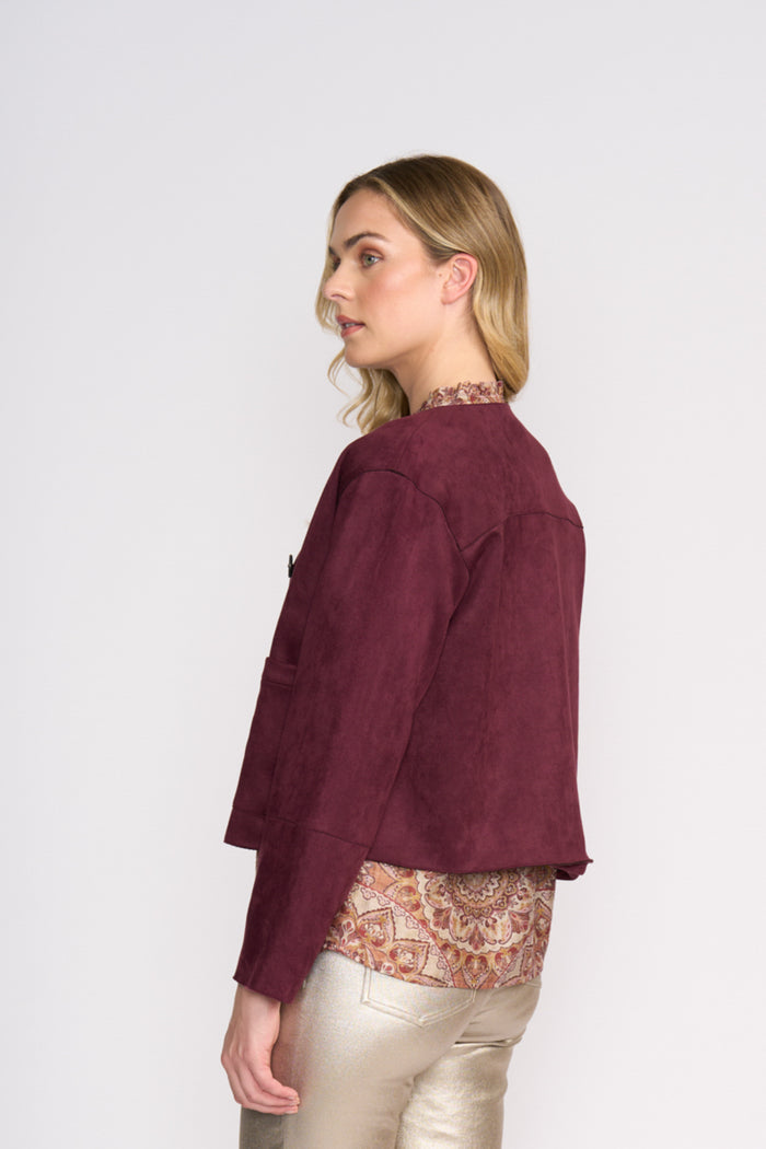 Side view of Foil FO8392 Looking Suede Jacket Black Cherry on model. Shop Foil at Dotique