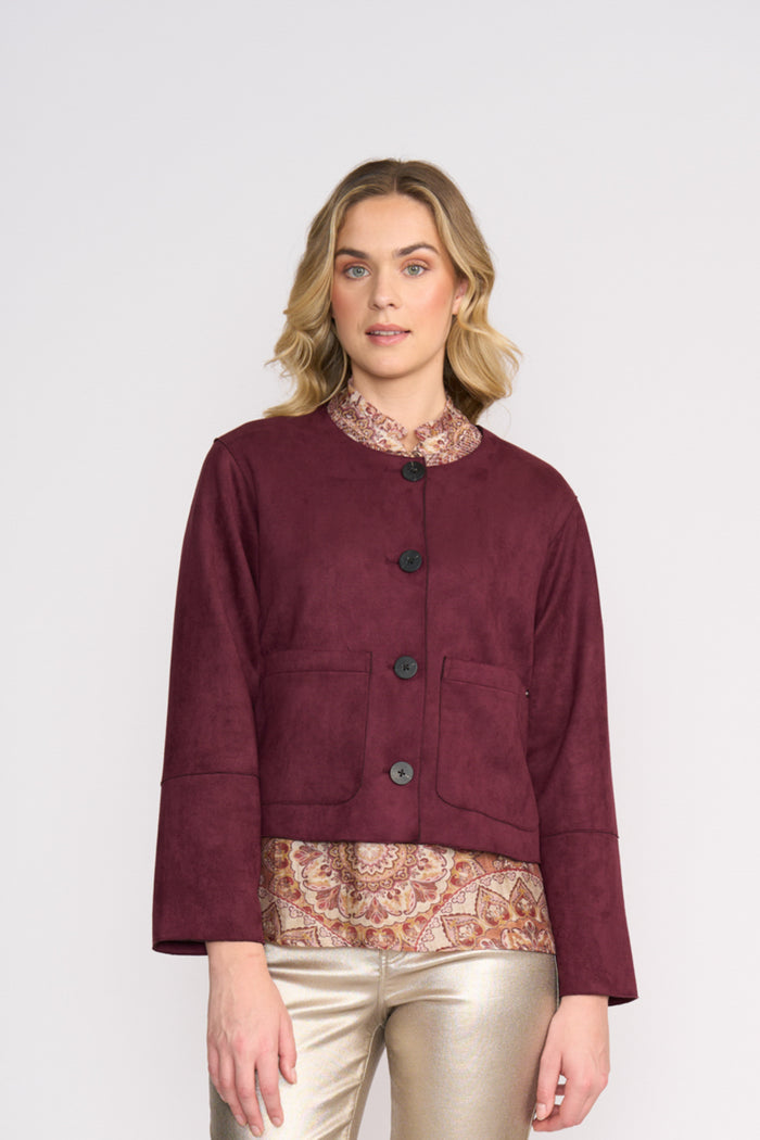 Front view of Foil FO8392 Looking Suede Jacket Black Cherry on model. Shop Foil at Dotique