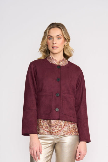 Front view of Foil FO8392 Looking Suede Jacket Black Cherry on model. Shop Foil at Dotique