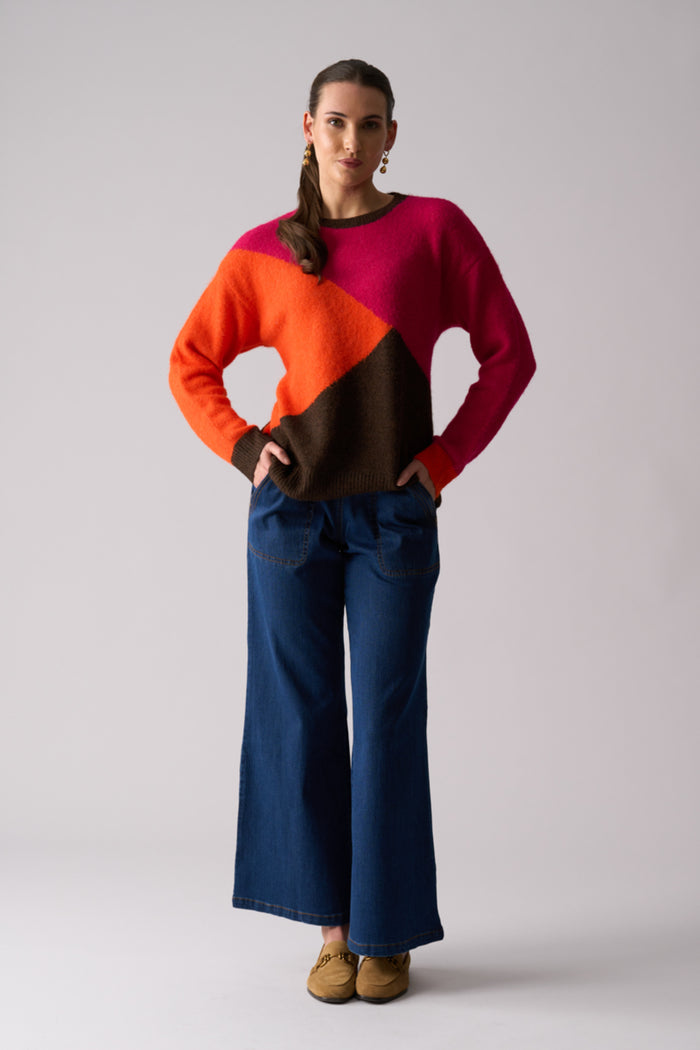 Model wearing Foil FO8438 Bright Spark Jumper Pink Multi. Shop Foil at Dotique